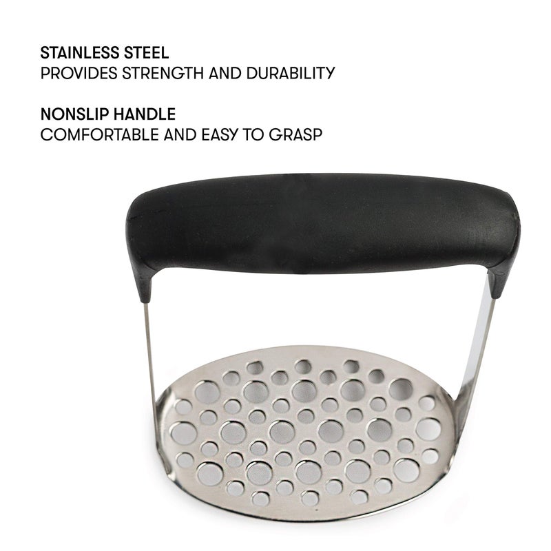 Cooking Light Heavy Duty Stainless Steel Masher, Broad and Ergonomic Horizontal, Fine Plate for Smooth Mashed Potatoes, Soft Grip and Non-Slip Handle, Black - Image 2